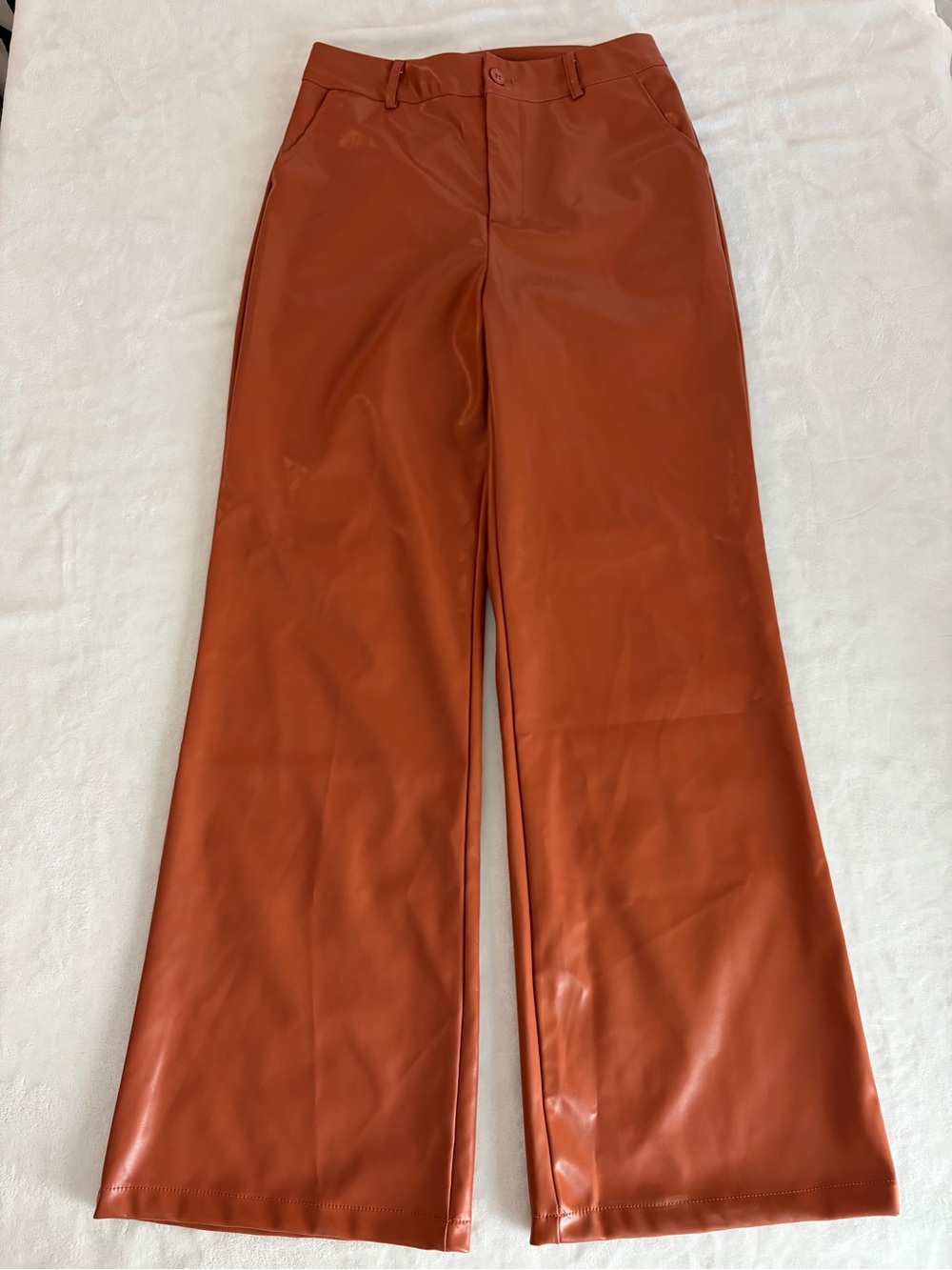 Wide-Leg Faux Leather Pants in Rust Orange